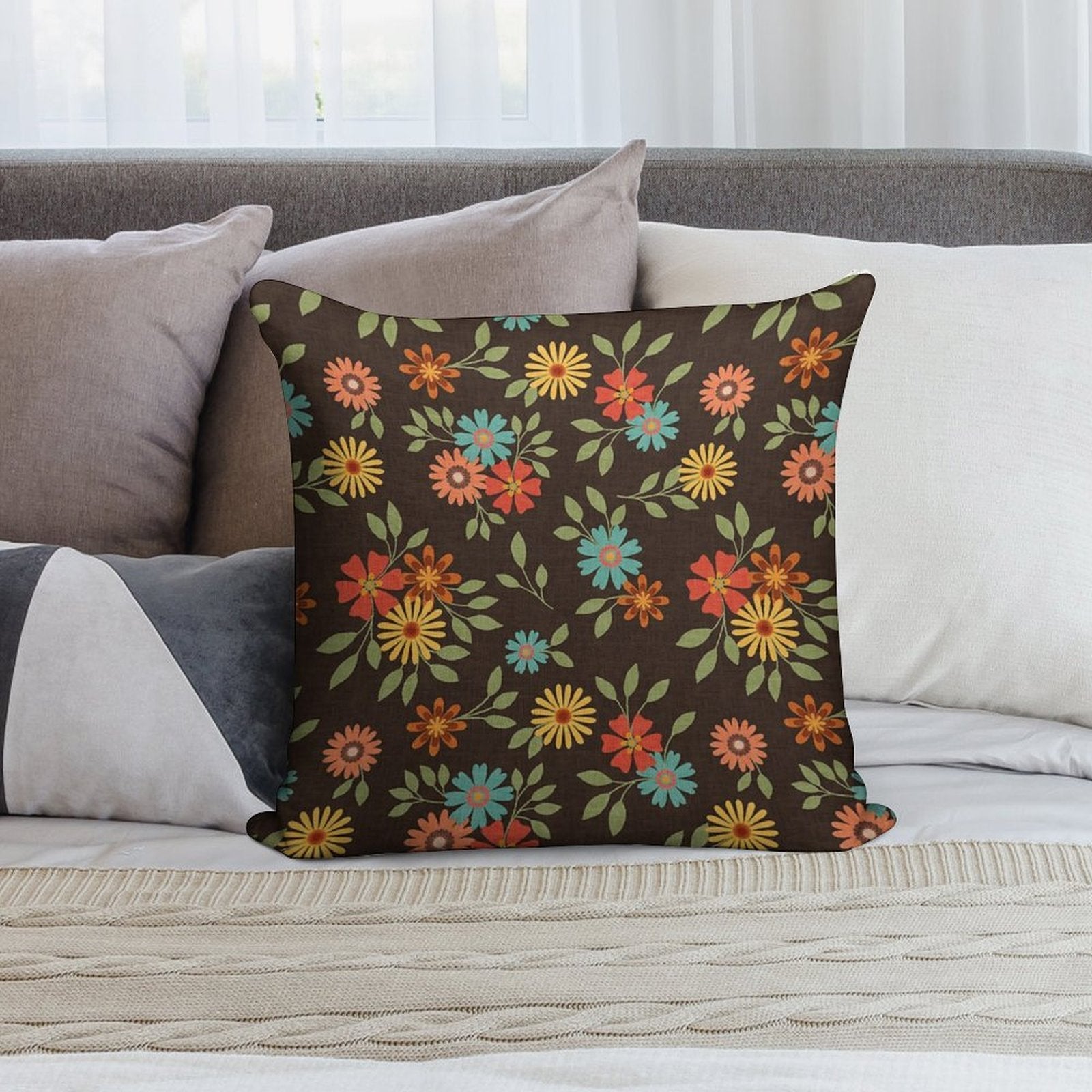 70s Retro Floral Clusters With A Woven Textured Background Soft Anti-Pilling Throw Pillow