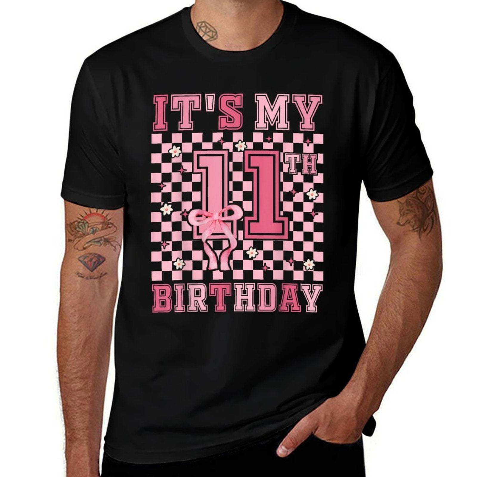 11th Coquette Themed Birthday Eleven Year Old Girl Bow  Ribbed Collar T-Shirt