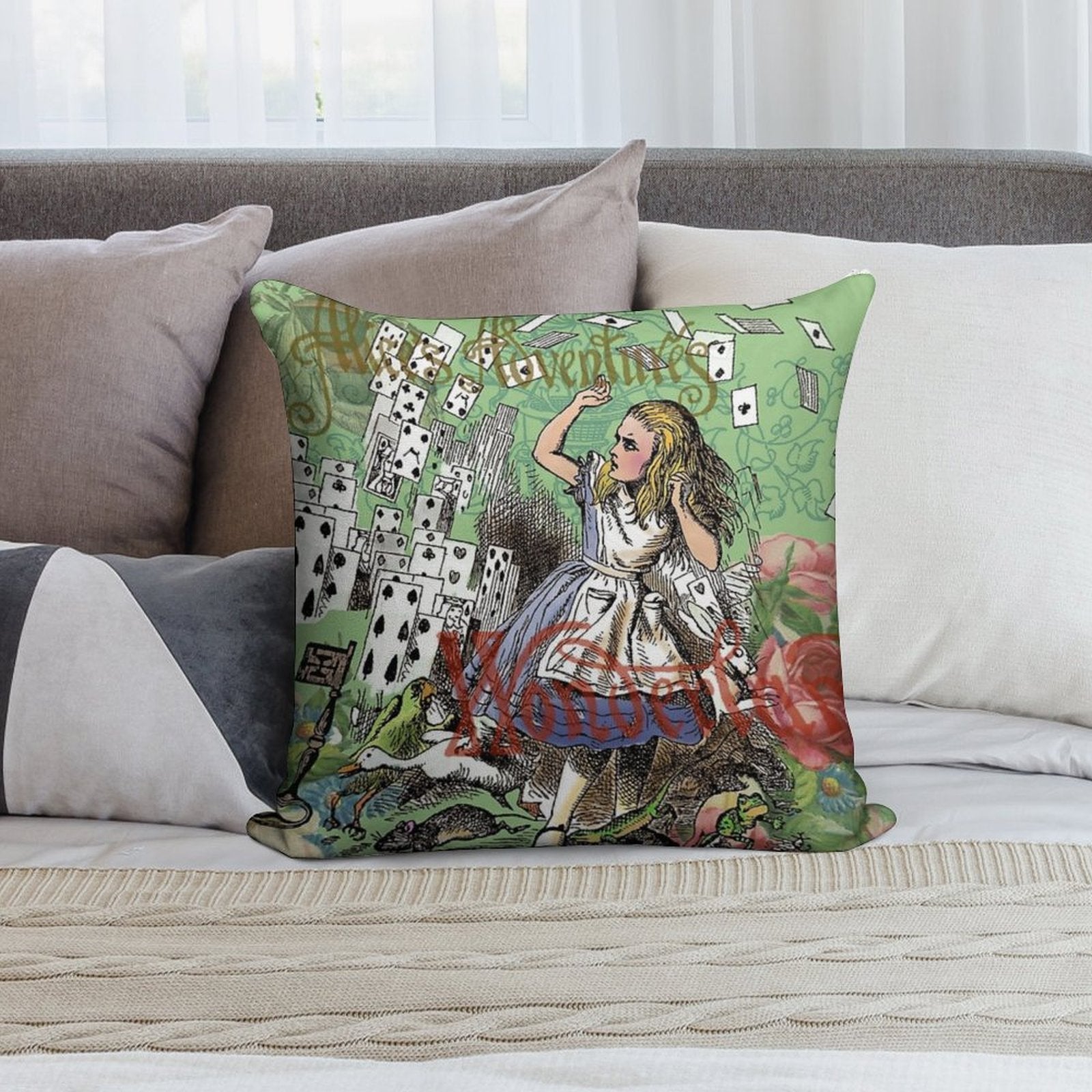 Alice in Wonderland Adventure Vintage Flying Cards Soft Durable Construction Throw Pillow