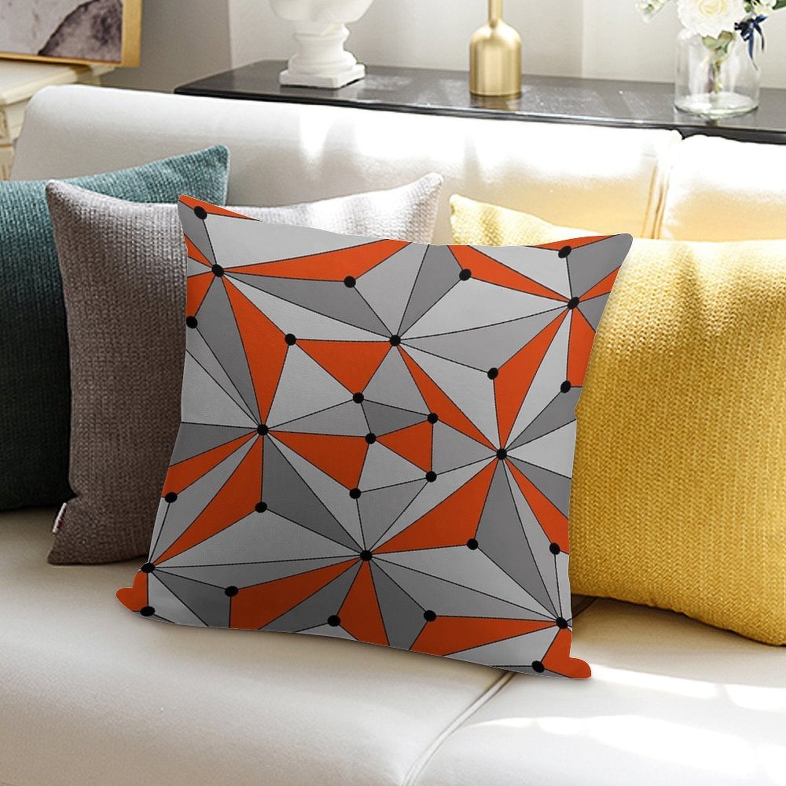 Abstract Geometric Pattern - Orange And Gray. Soft Decorative Cover Throw Pillow