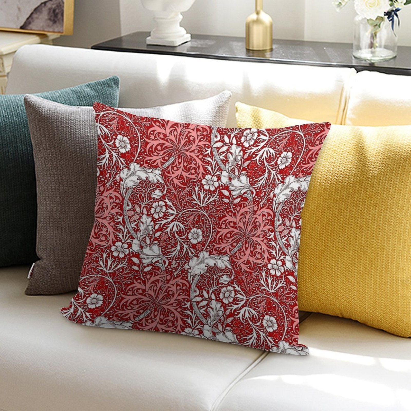 Art Nouveau Seaweed Floral, Coral, Red And White Soft Home Decor Throw Pillow
