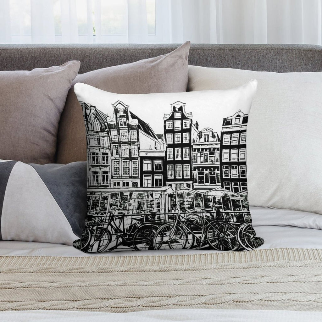 Amsterdam Row Houses, Black And White Soft Hidden Zipper Throw Pillow