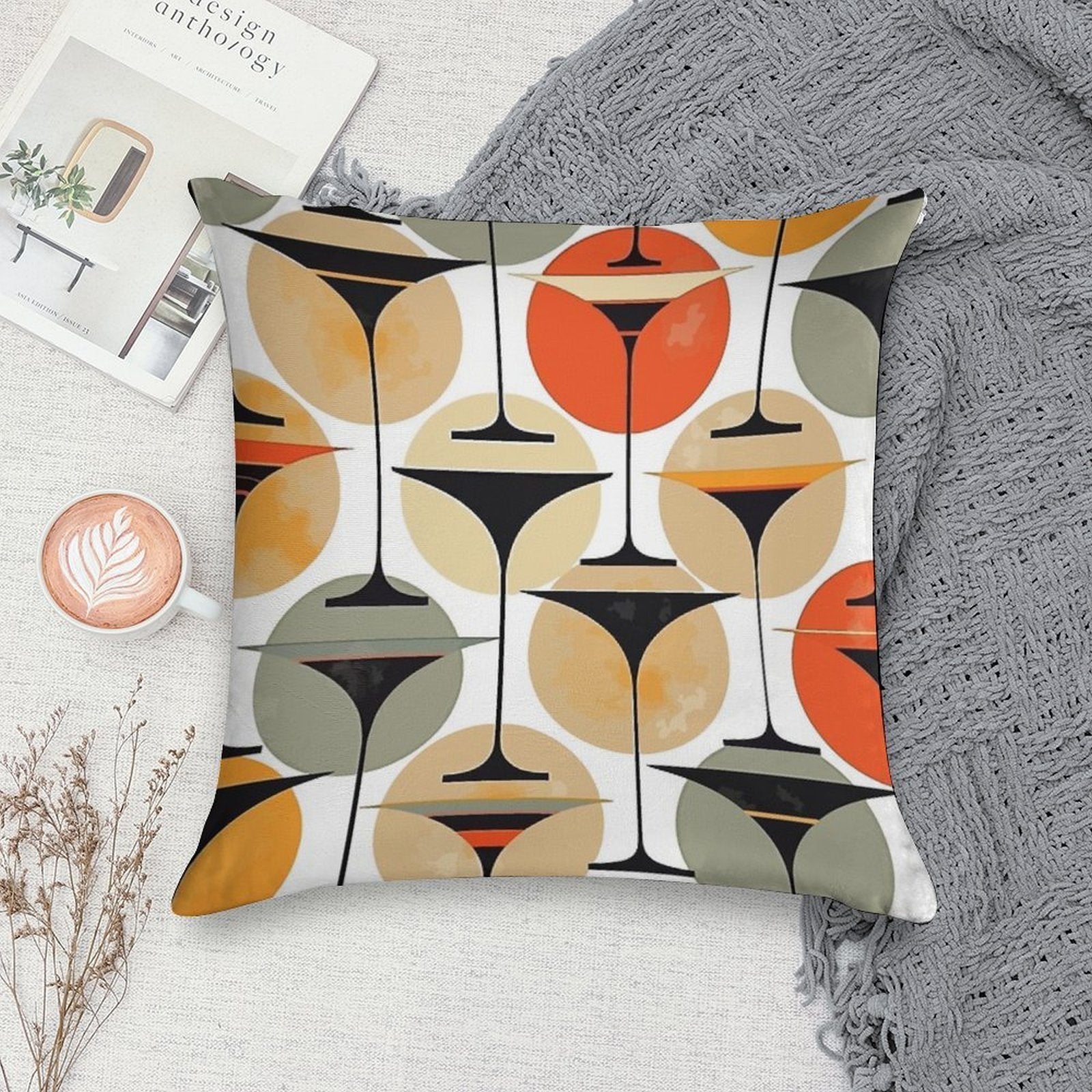 Atomic Fifties Inspired Martinis In Grey, Orange, Cream And Red Soft Gift Ready Throw Pillow