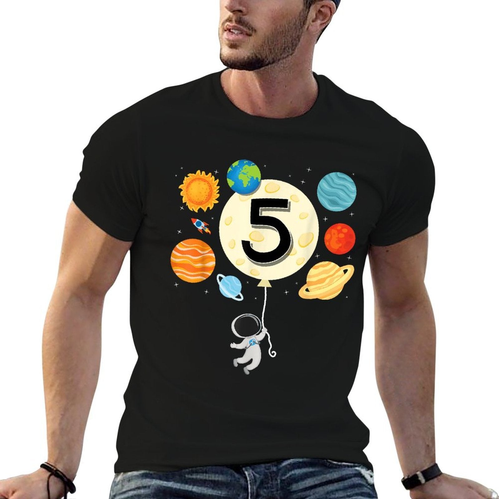 Astronaut Balloon Planets 5th Birthday Space 5 Year Old Kids  Eco-friendly Material T-Shirt