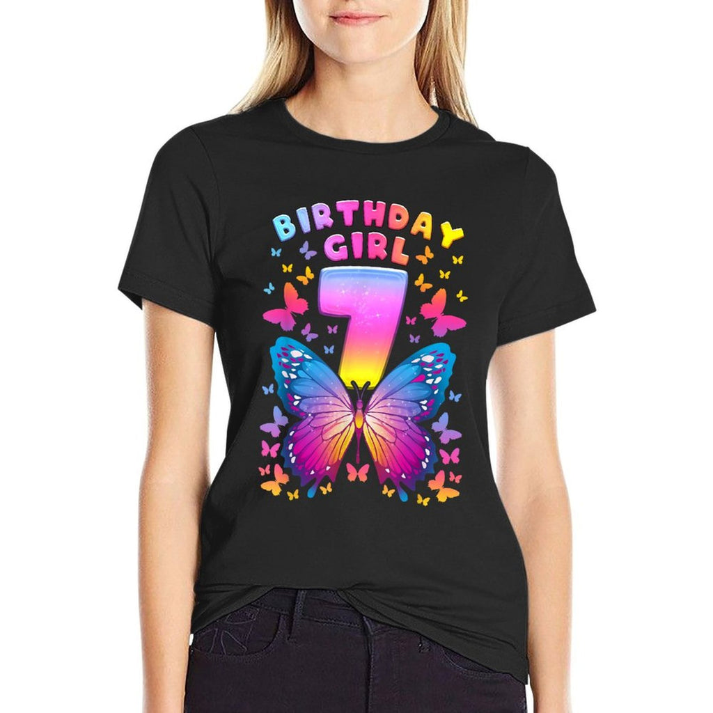 7th Birthday, Girl 7 Years, Butterfly, Number 7  Rolled Sleeves T-Shirt