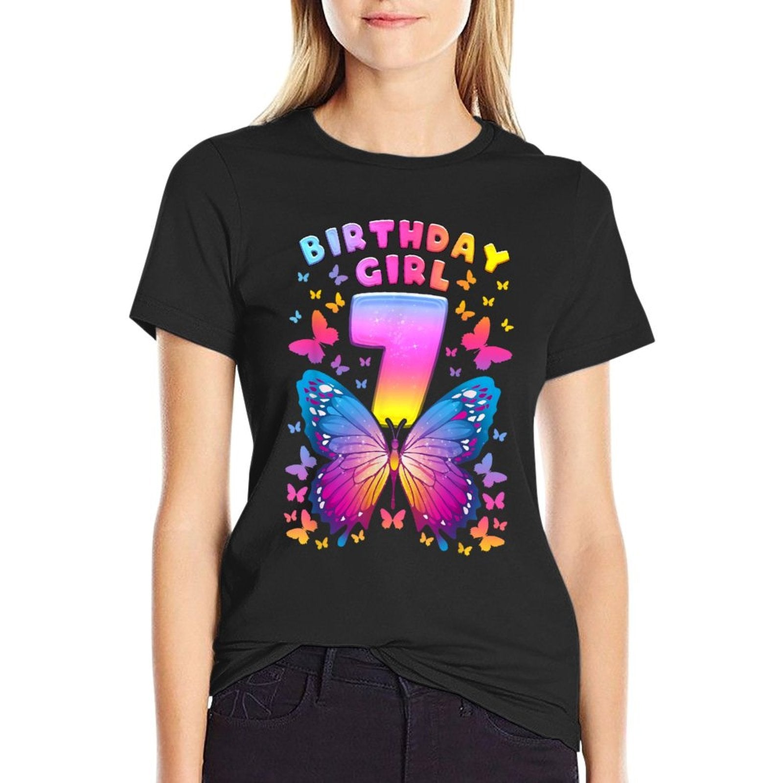 7th Birthday, Girl 7 Years, Butterfly, Number 7  Rolled Sleeves T-Shirt