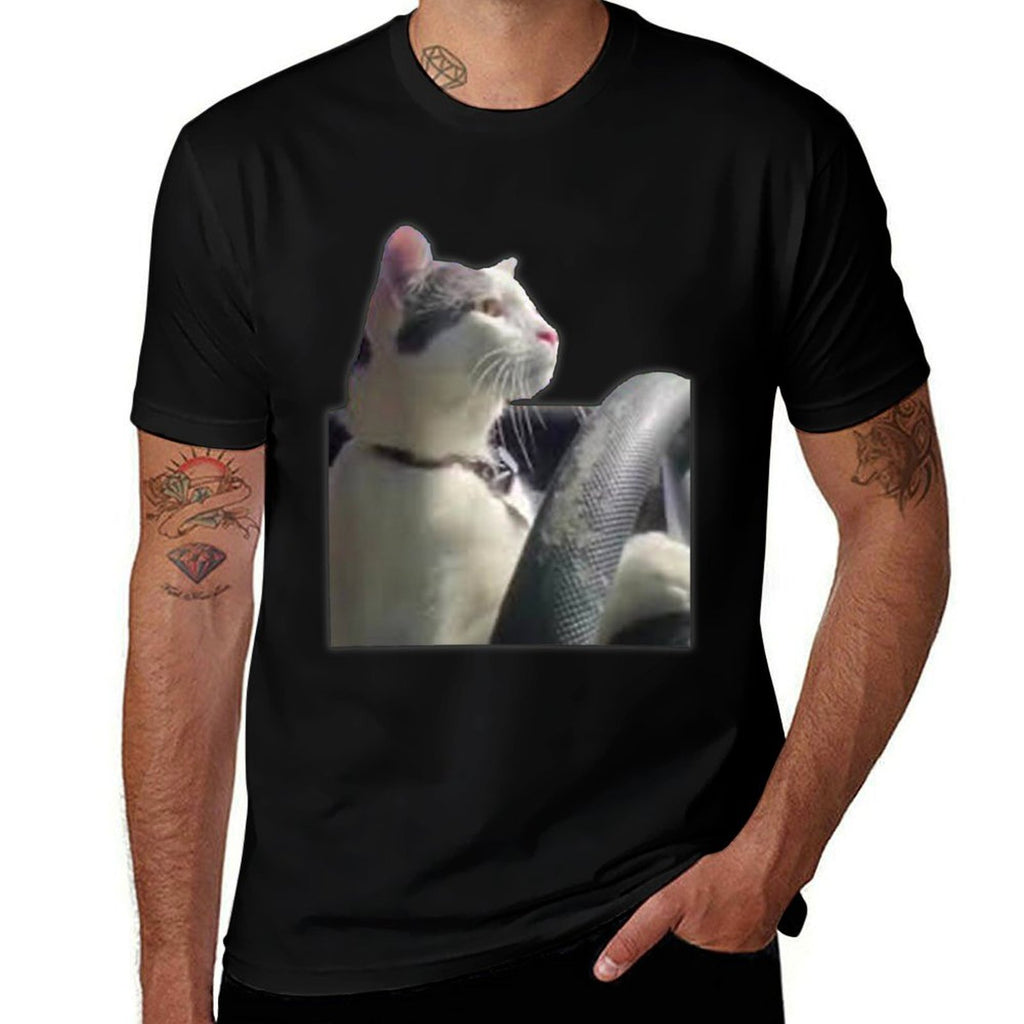 2000Clothes Cat Driving Meme - Black, Unisex-Adults, Short Sleeve, Small, Classic Fit, Cotton Blend, Modern Casual, Everyday, An Comfortable T-Shirt