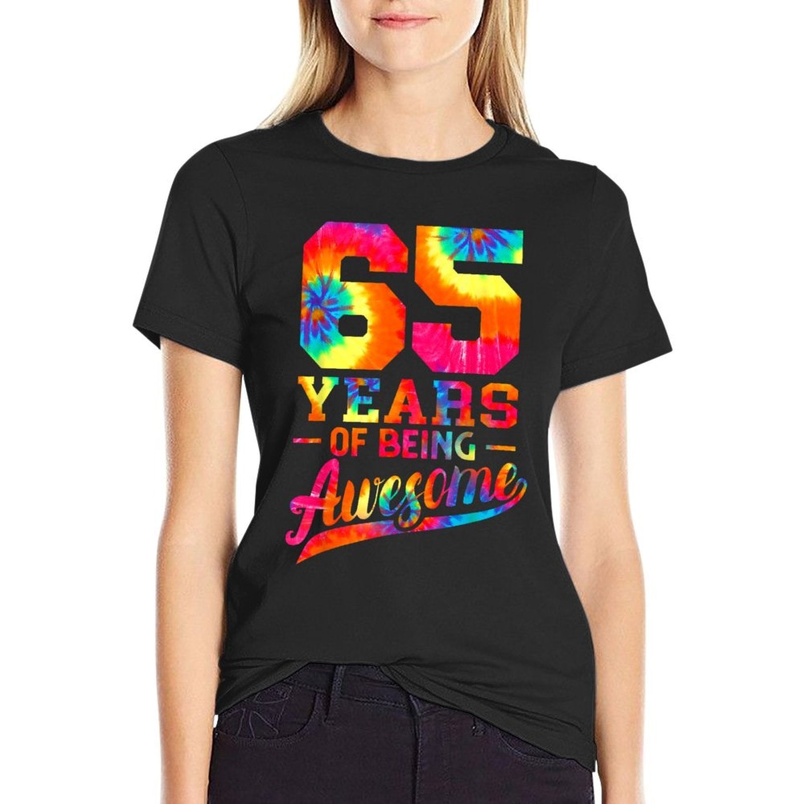 65th Birthday 65 Years Old Awesome Tie Dye Men Women  Ribbed Collar T-Shirt