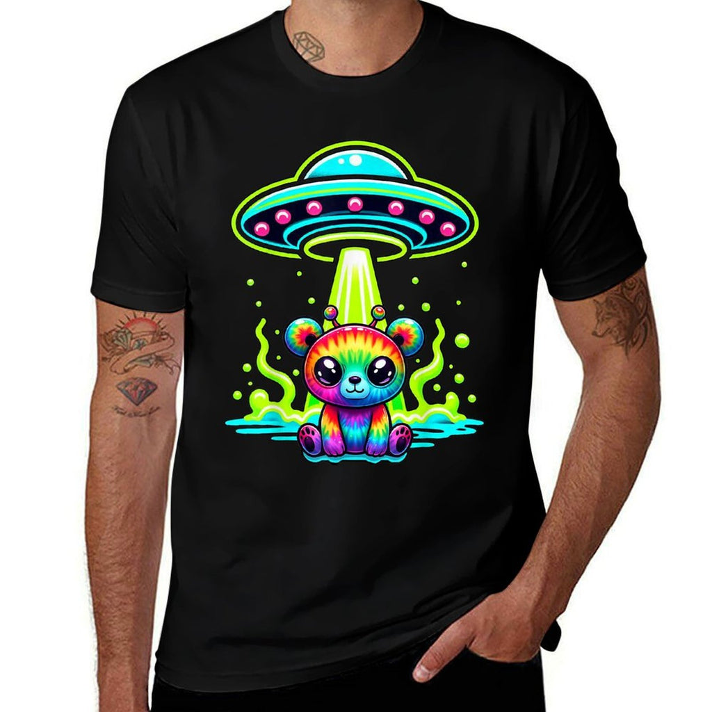 Alien Bear Rainbow Tie Dye Look UFO Fun Colorful  Rolled Sleeves T-Shirt