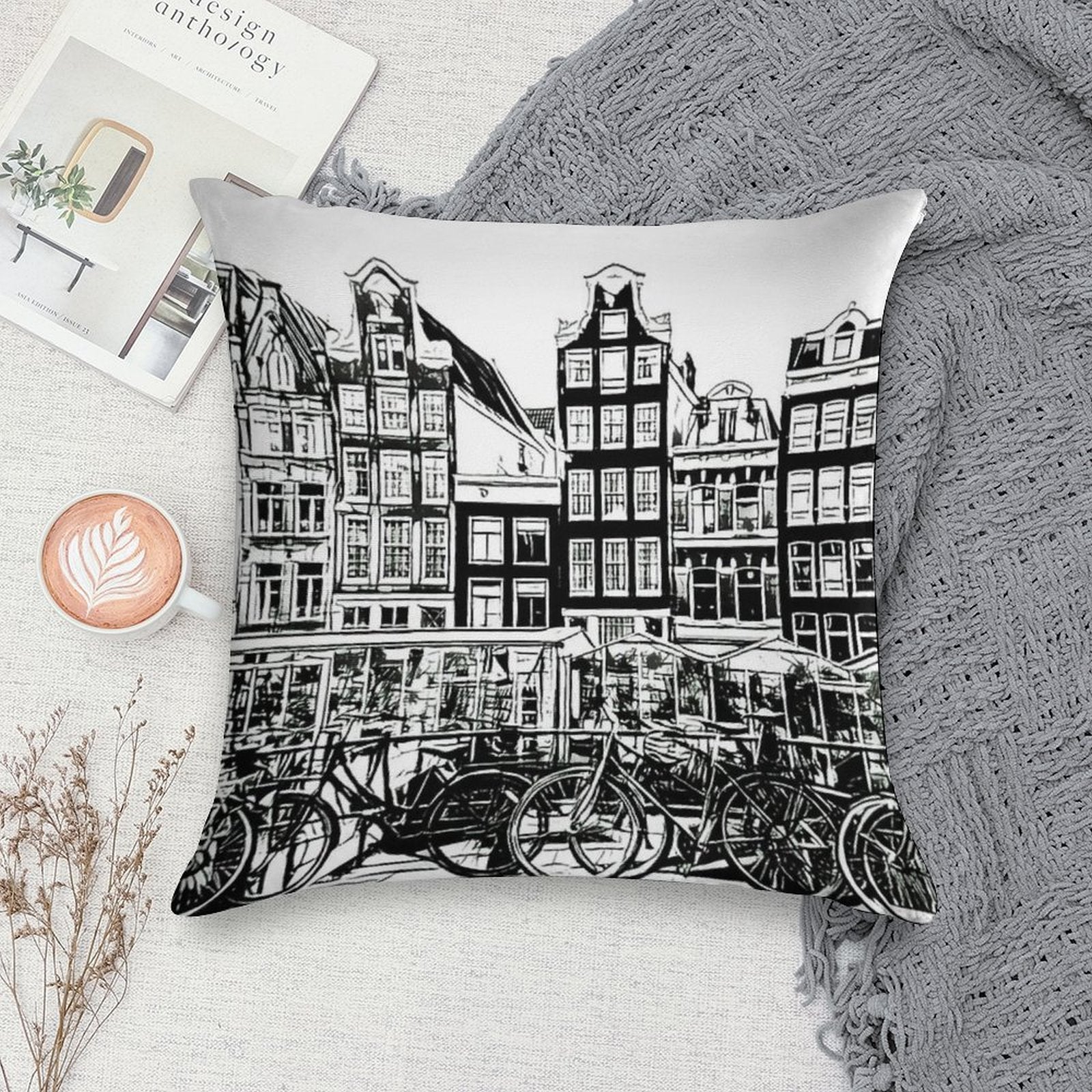 Amsterdam Row Houses, Black And White Soft Hidden Zipper Throw Pillow