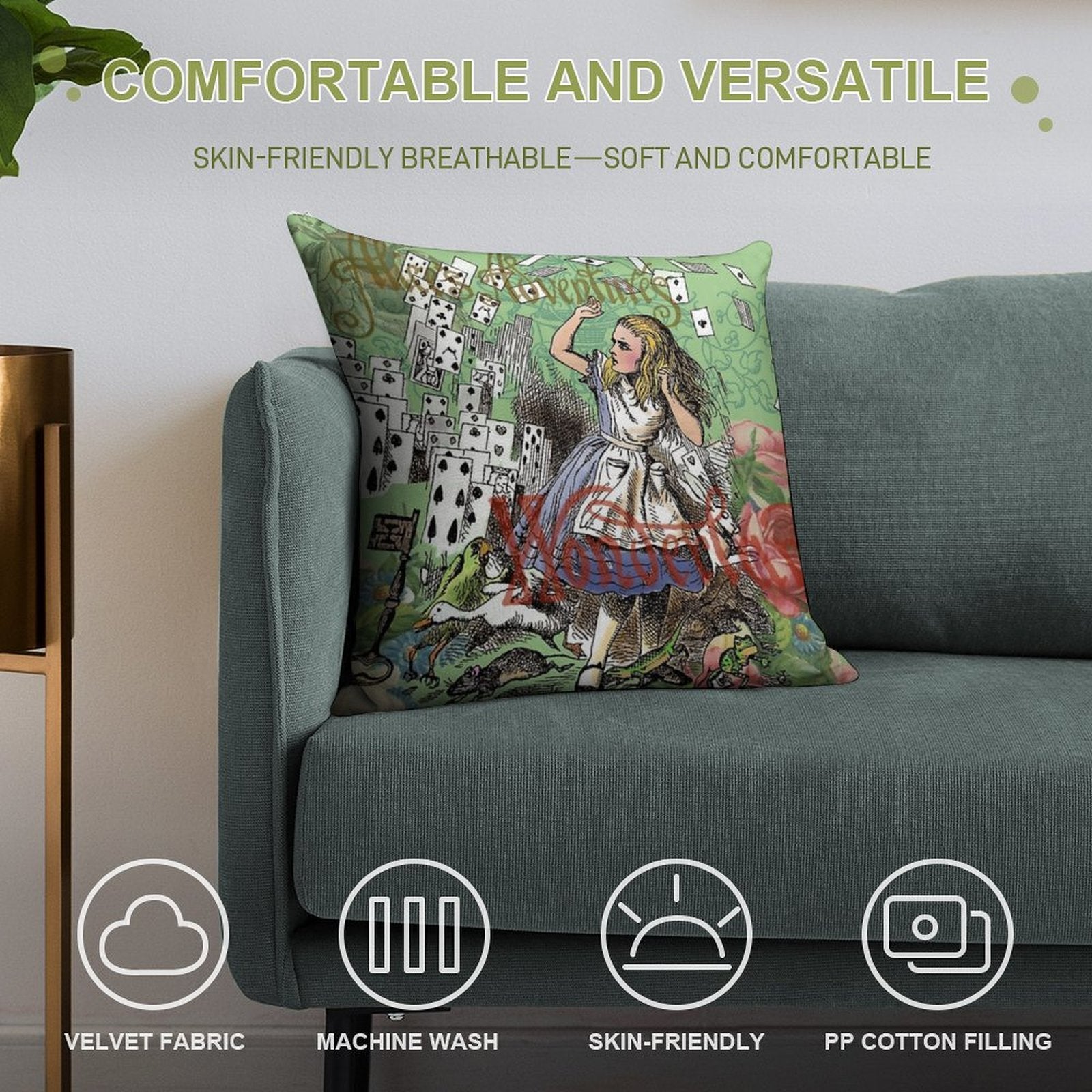 Alice in Wonderland Adventure Vintage Flying Cards Soft Durable Construction Throw Pillow