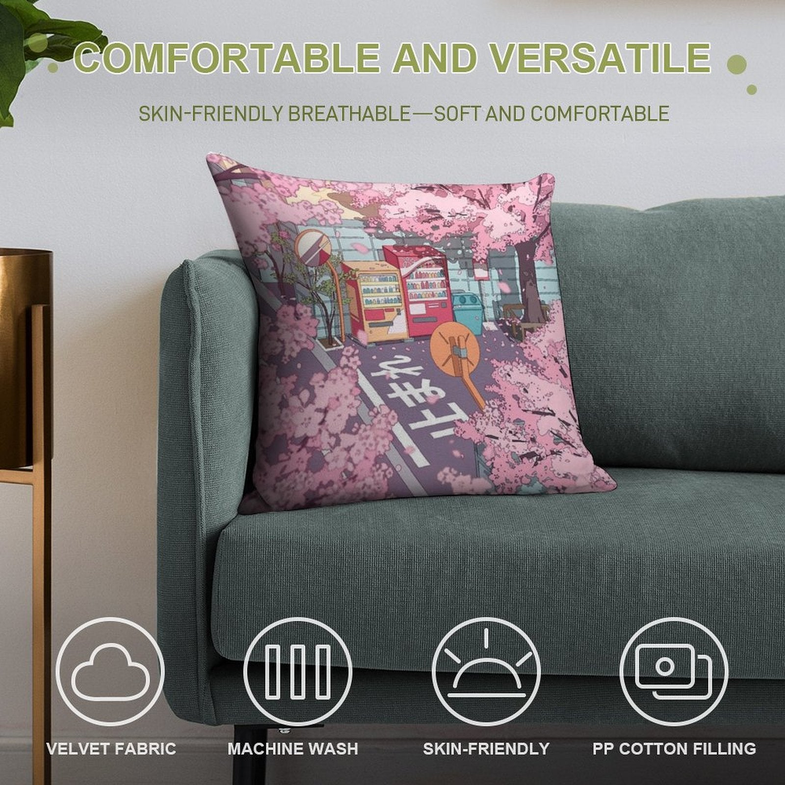 A Beautiful Aesthetic Tokyo Street And  The Pink Sakura Tree Blossom Soft Bedroom Essential Throw Pillow