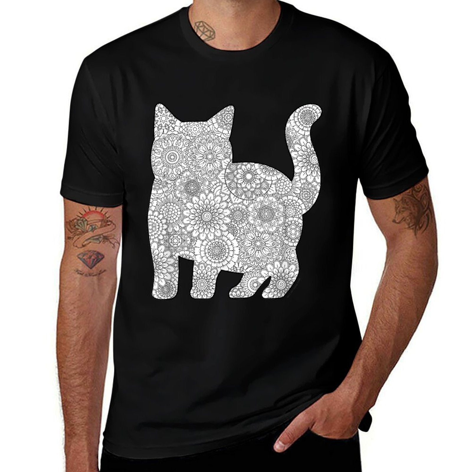 Adult Coloring Book - CAT Mandala Flowers  Ribbed Collar T-Shirt