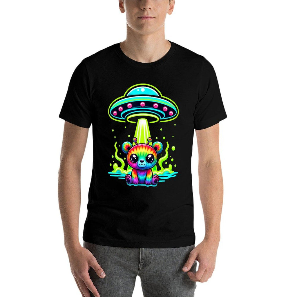 Alien Bear Rainbow Tie Dye Look UFO Fun Colorful  Rolled Sleeves T-Shirt