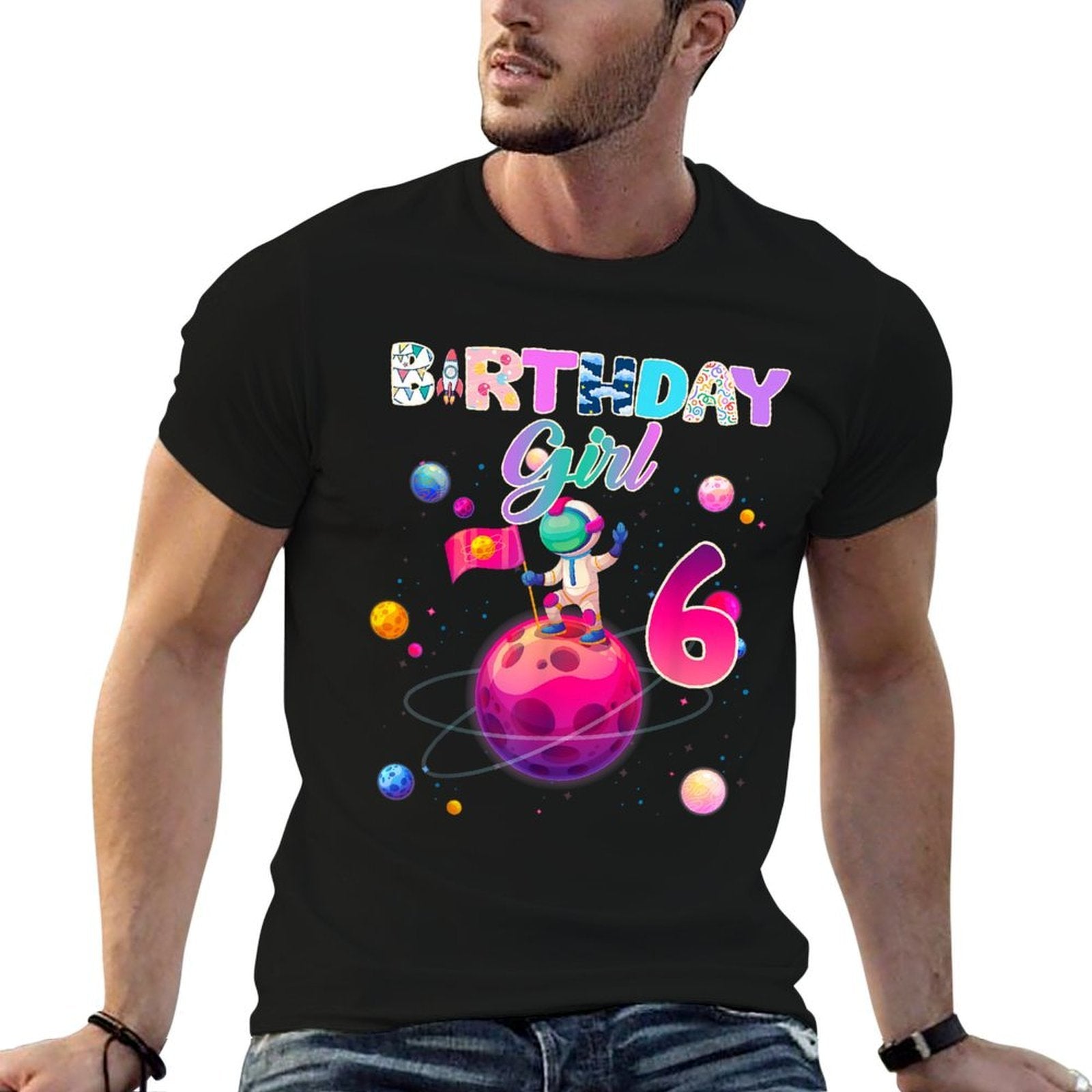 6th Birthday 6 Years Old Astronaut Space Galaxy Girl  High-quality Stitching T-Shirt
