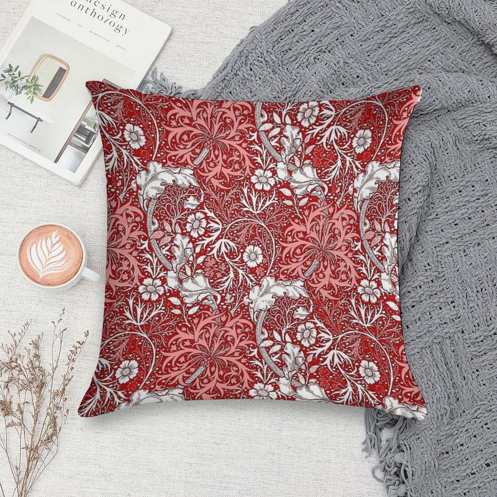 Art Nouveau Seaweed Floral, Coral, Red And White Soft Home Decor Throw Pillow
