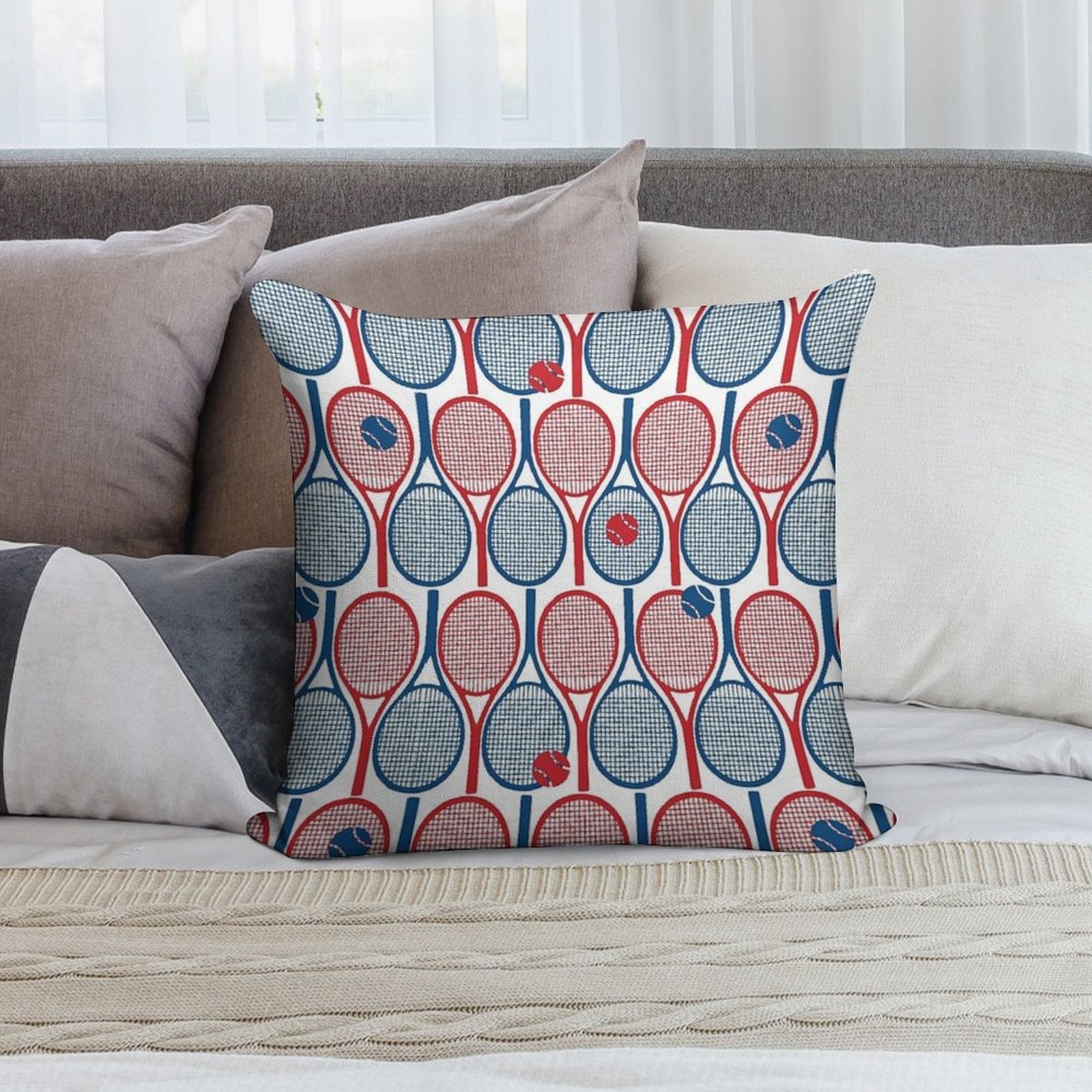 All Tennis Rackets Pattern Red And Navy Blue on White Backbround Soft Decorative Cover Throw Pillow