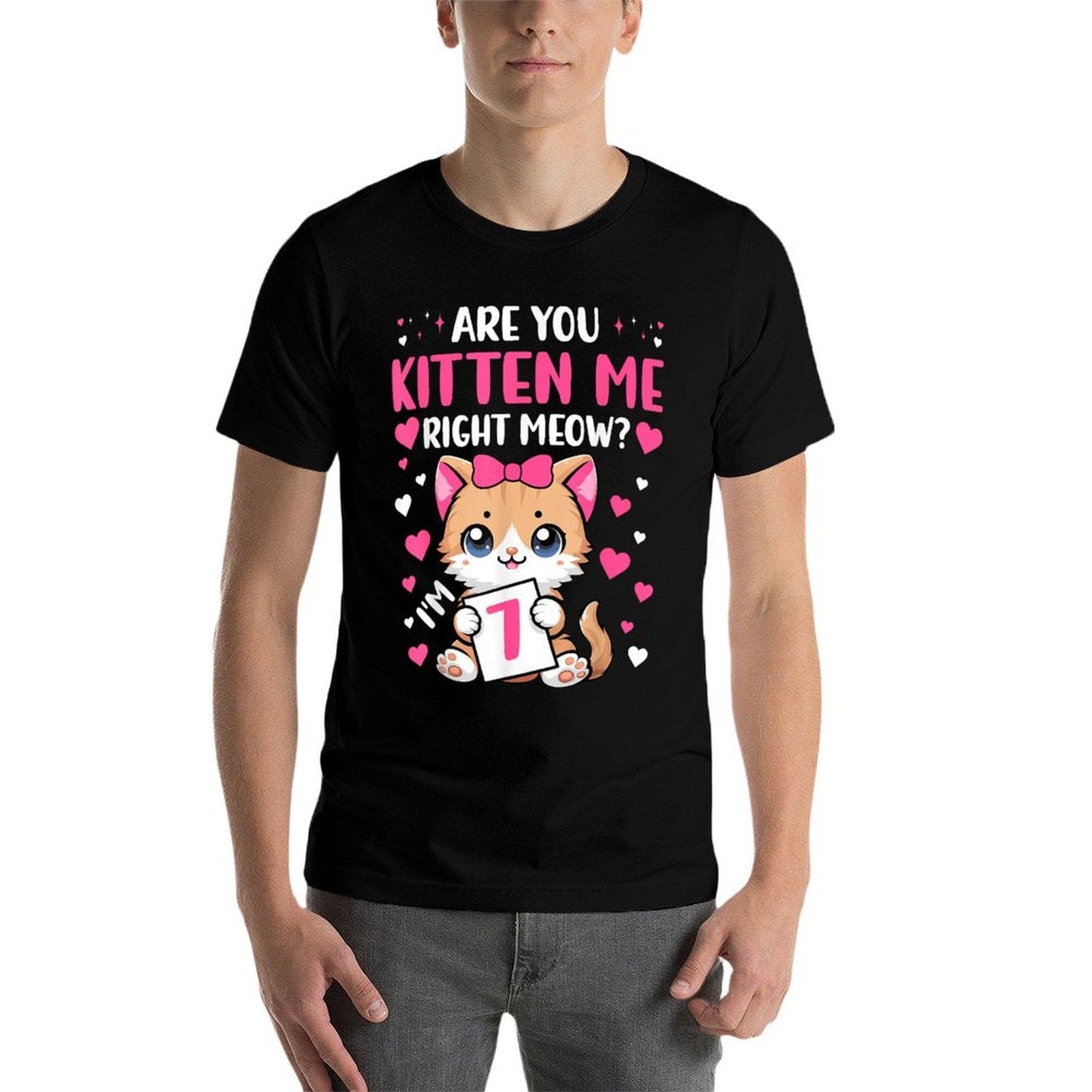 7th Birthday Girl 7yr Seven 7 Year Old Kitten Cat Bday  Wrinkle-resistant T-Shirt