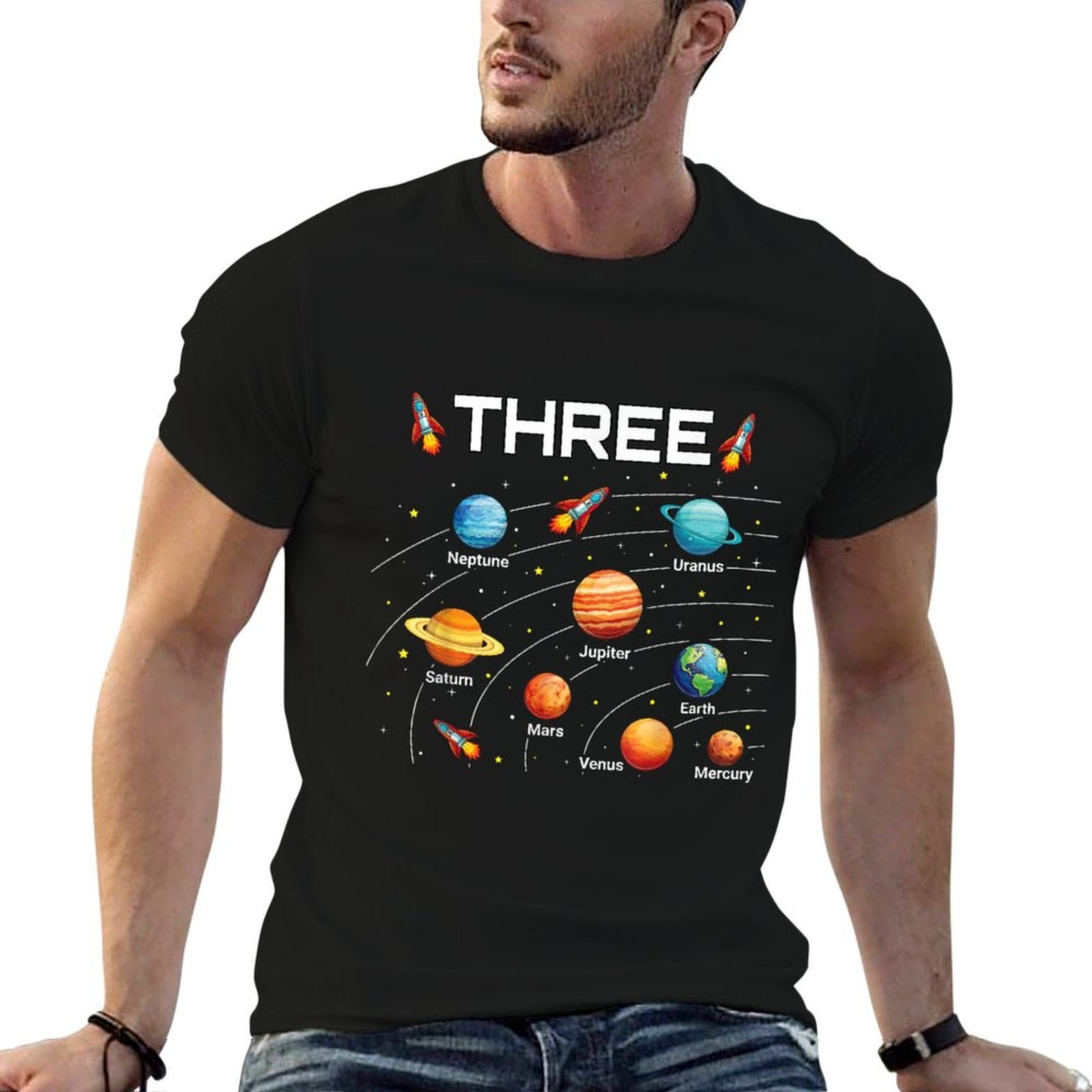 3 Year Old Boys Girls Space Planets 3rd Birthday Boy  Heathered Texture T-Shirt
