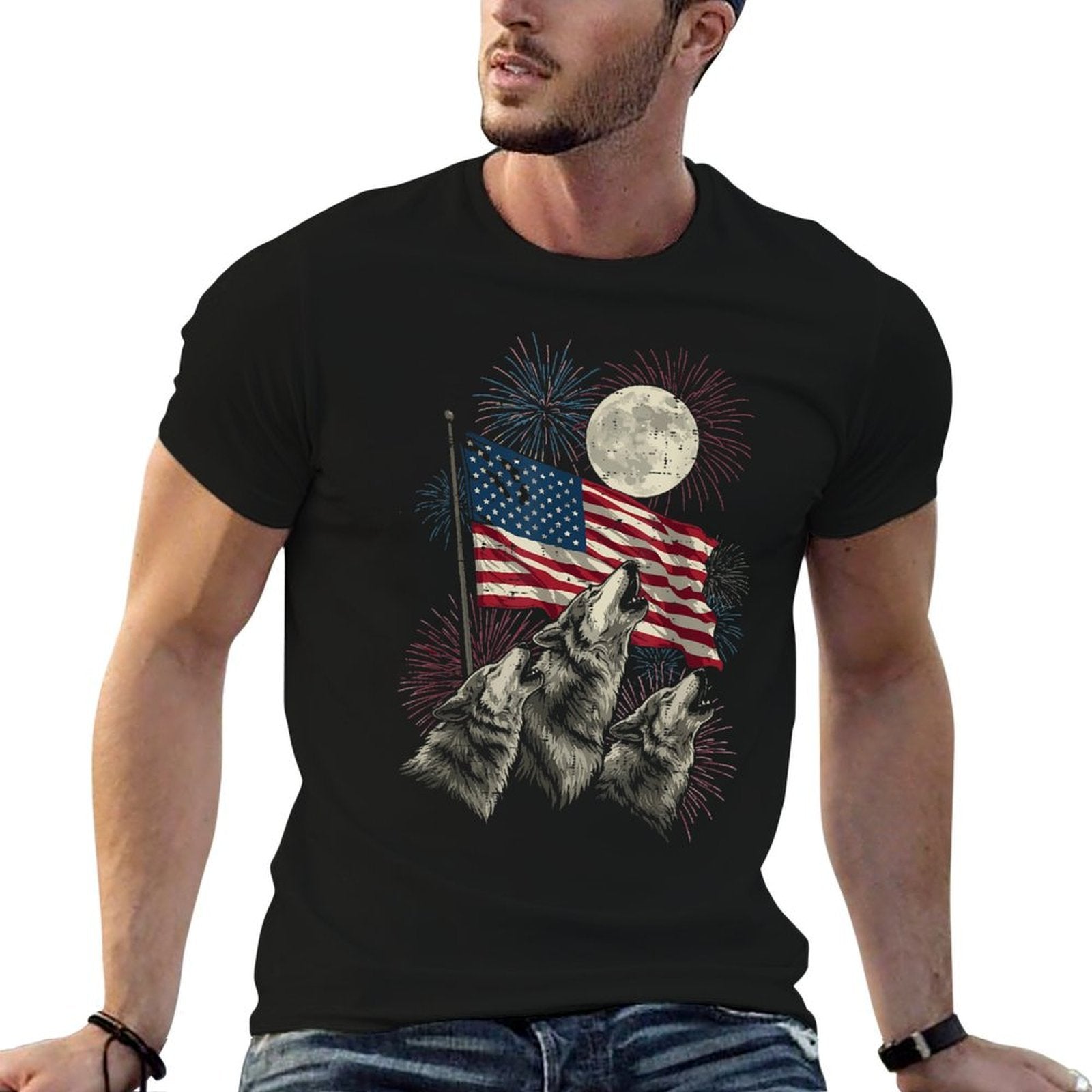 4th Of July Wolves Moon Meme Funny USA Men Women Kids  Quick-drying T-Shirt