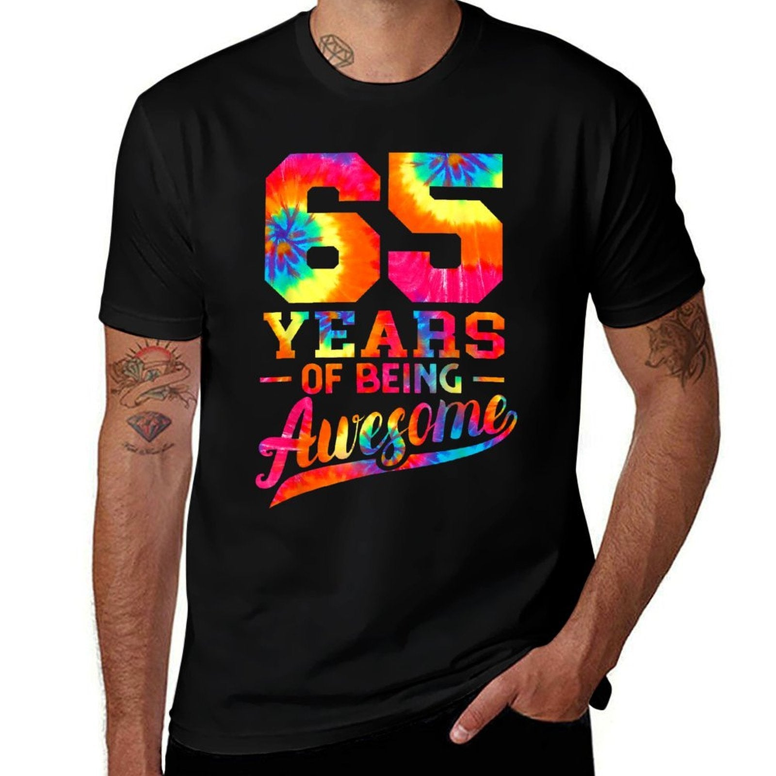 65th Birthday 65 Years Old Awesome Tie Dye Men Women  Ribbed Collar T-Shirt