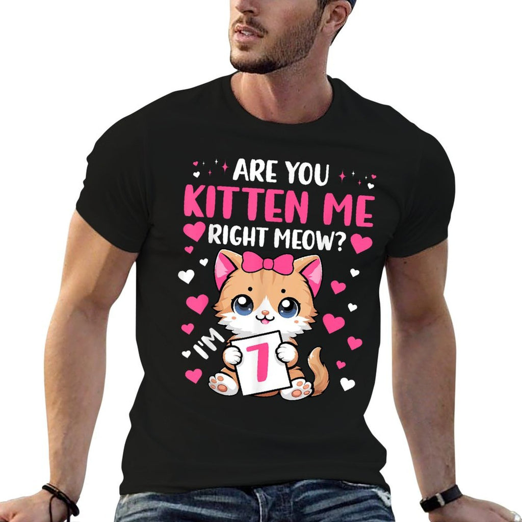 7th Birthday Girl 7yr Seven 7 Year Old Kitten Cat Bday  Wrinkle-resistant T-Shirt