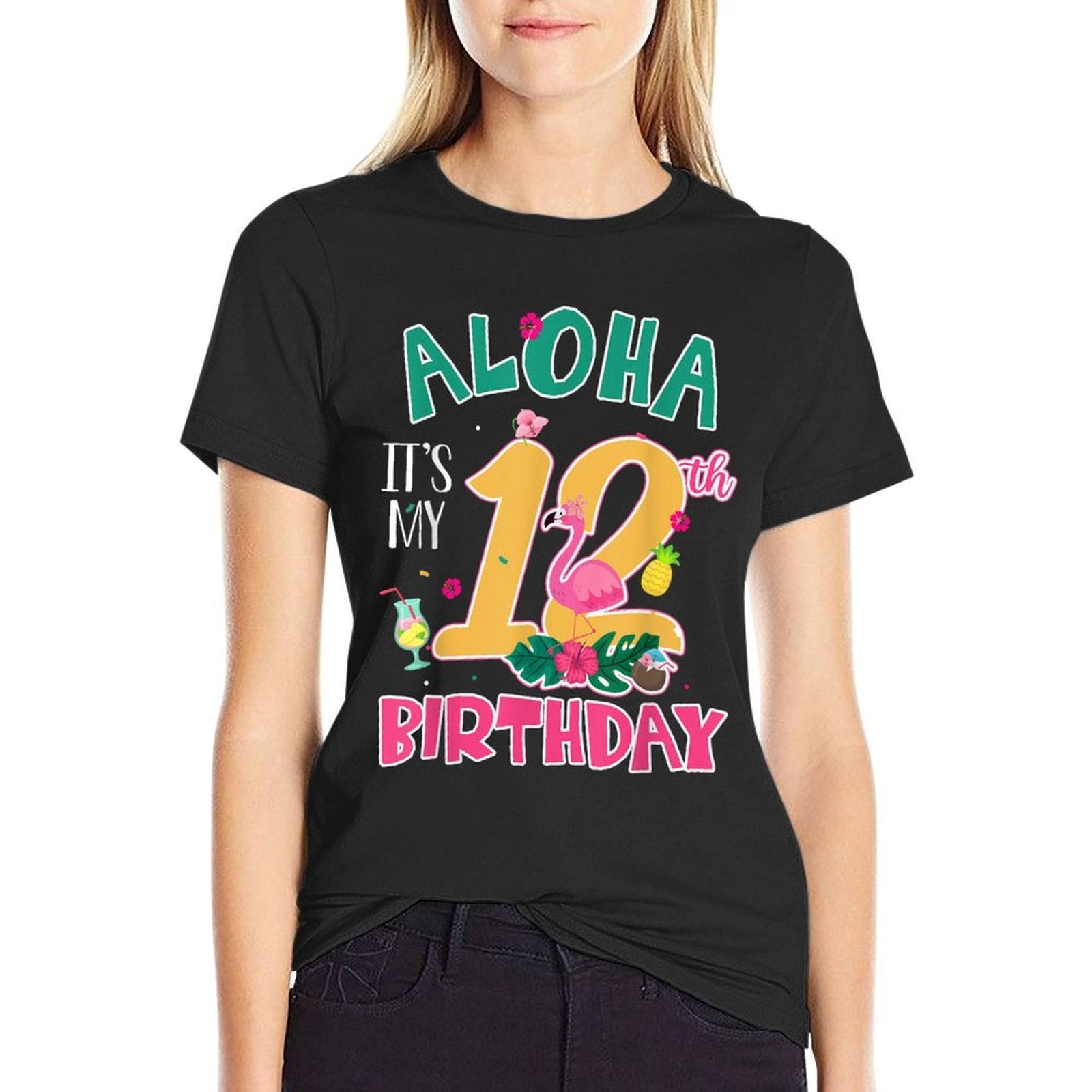 Aloha It's My 12th Birthday Flamingo Hawaii 12 Yr Old Girl  Heathered Texture T-Shirt