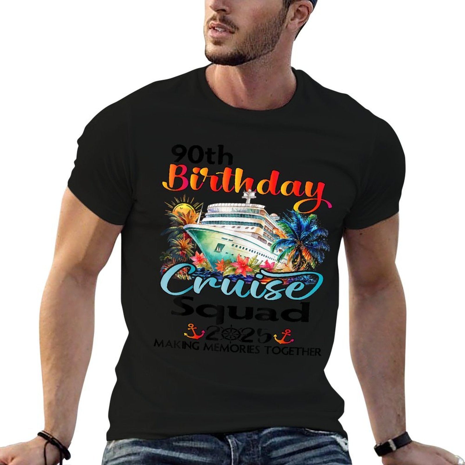 90th Birthday Cruise Squad Friends Family Vacation Matching  Rolled Sleeves T-Shirt