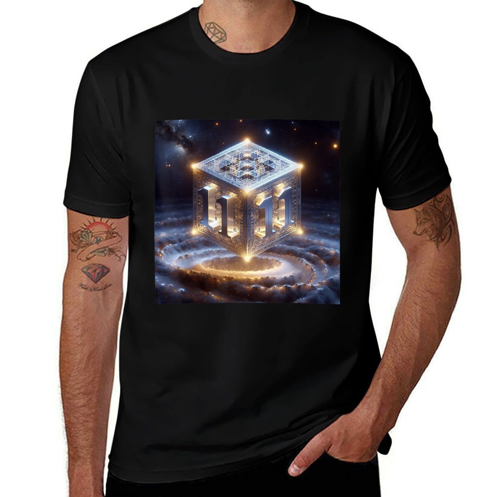 Angel Number 1111 with Metatrons Cube  Fade-proof Color T-Shirt