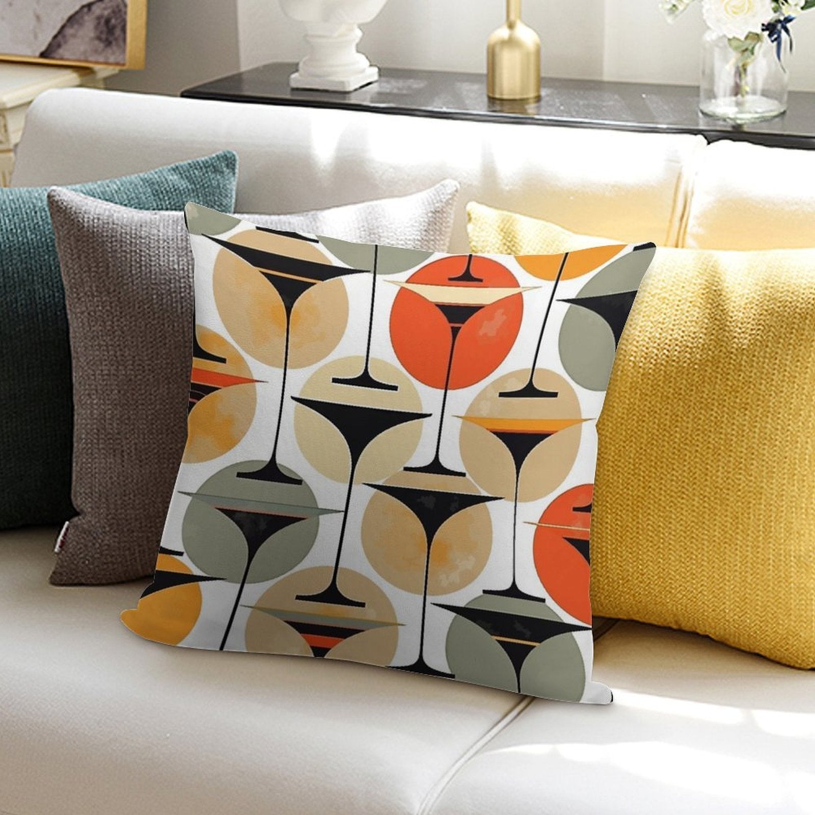 Atomic Fifties Inspired Martinis In Grey, Orange, Cream And Red Soft Gift Ready Throw Pillow