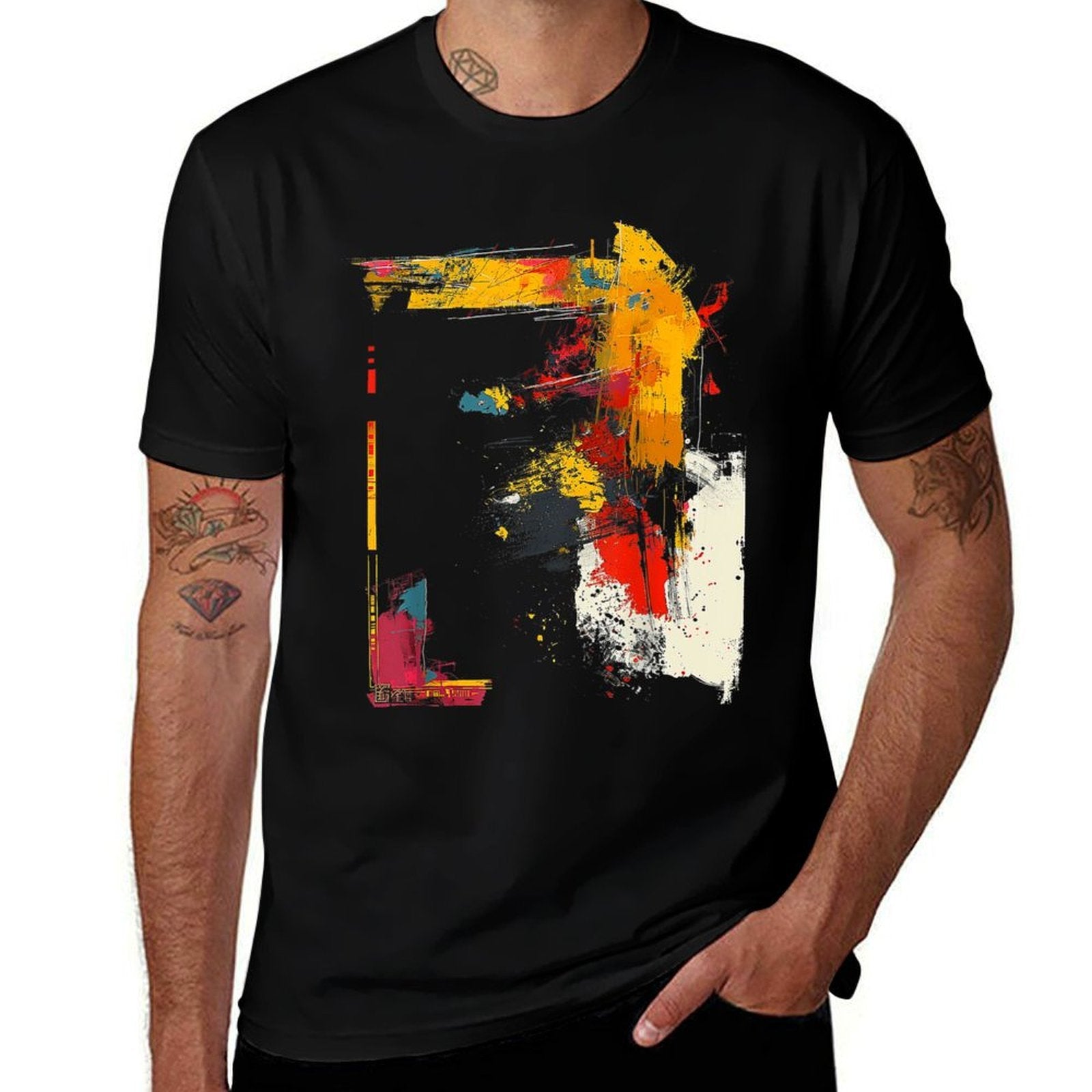 Art Painting Abstract Drawing Graphic Motif  Ribbed Collar T-Shirt