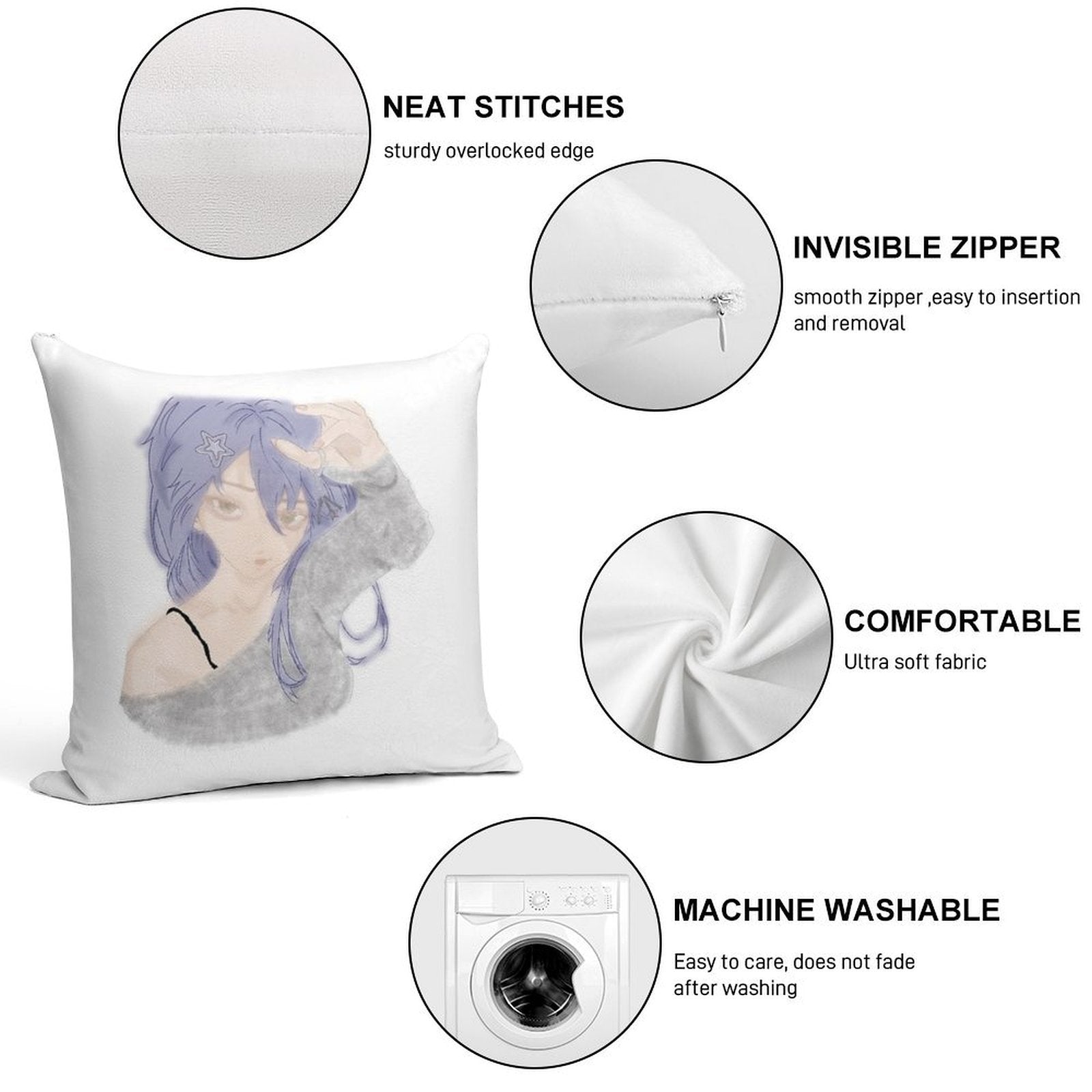 Anime Girl Soft Short Plush Fabric Throw Pillow